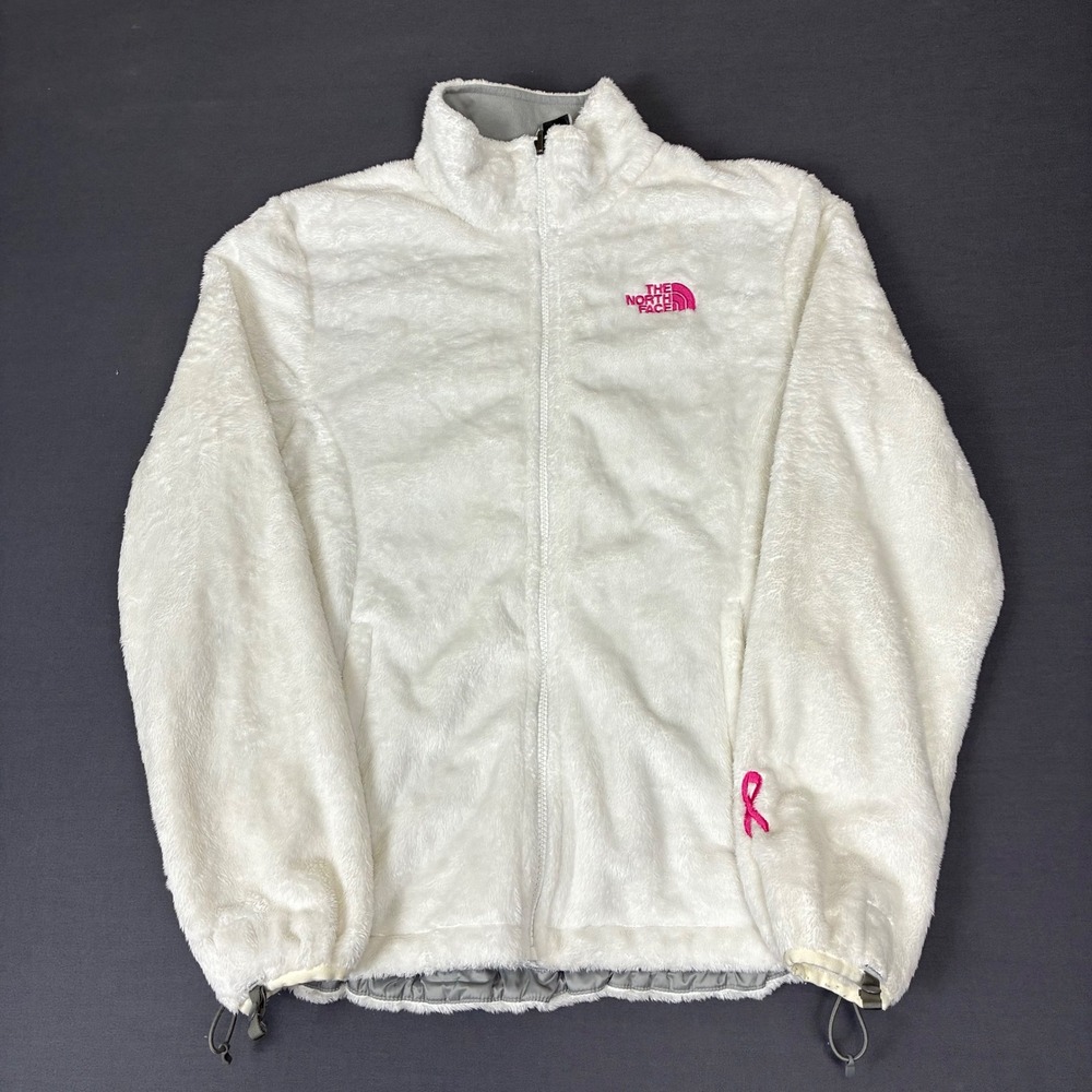 The North Face White High Pile Fleece Jacket Pink Logo Breast Cancer Women's M